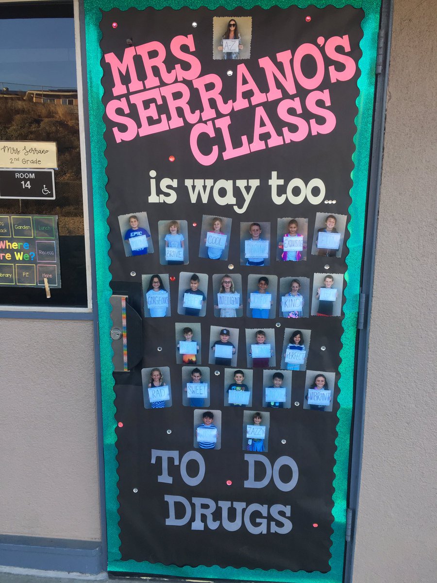 I love my door decor for Red Ribbon Week! Mrs. Serrano’s Class is way _________ to do drugs!! <a href="/SSDCOaks/">Red Hawks</a> #santeesd #RedRibbonWeek #drugfreeisthewaytobe