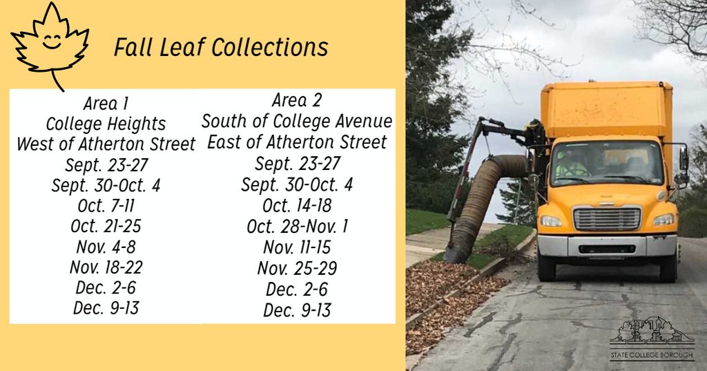 Get your rakes and leaf blowers ready for Fall leaf collections!

For more information please visit our website at statecollegepa.us/690/Leaf-Colle…. 
#FallLeafCollection