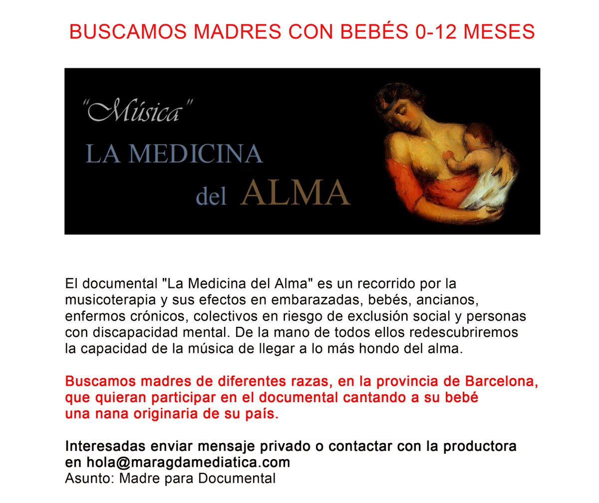 airamina2's tweet photo. Buscamos madres de diferentes razas, que quieran aparecer en el documental "Música, la medicina del Alma", cantando una nana originaria de su país a sus bebés. Ilustraremos así que, más allá de diferencias culturales o religiosas, la música es capaz de llegar al alma. https://t.co/iihr26cGt6