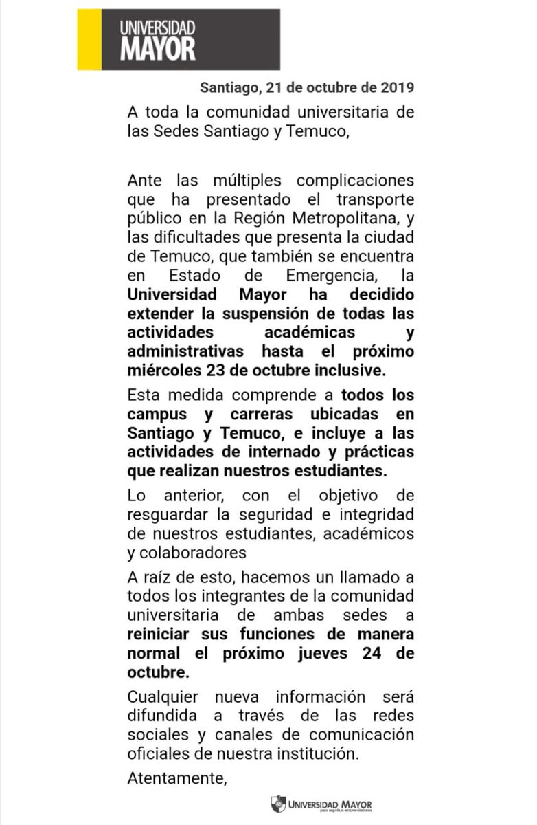 InvestigaUMayor's tweet photo. 🔴 Suspensión de actividades 22 y 23 de octubre, Santiago y Temuco https://t.co/54C0tywfPD