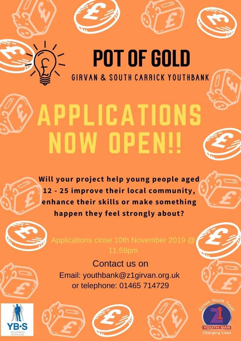 GirvanYB's tweet photo. Applications are now OPEN!!

Then you could be eligible to apply for a grant of up to £250 from the Girvan &amp; South Carrick YouthBank!!

For more info or an Application Pack, contact the YouthBank team in one of the following ways;

📩 youthbank@z1girvan.org.uk
📞 0146 714729 https://t.co/IHP8rQjjvk