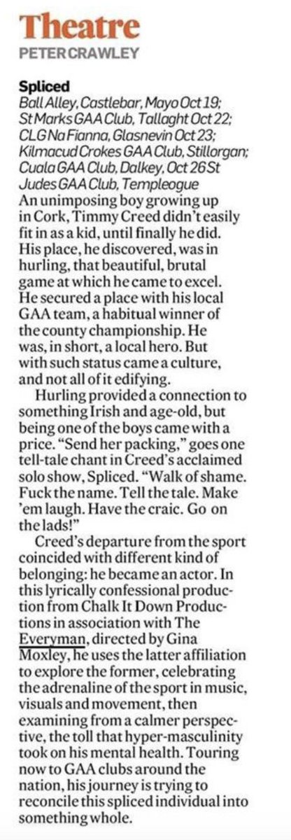 ChalkItDownPro's tweet image. "...celebrating the adrenalin of the sport in music, visuals and movement, then examining from a calmer perspective, the toll that hyper-masculinity took on his mental health." Review by Peter Crawley on Saturday in @IrishTimes of #Spliced Directed by @ginamoxley #GAA #Theatre