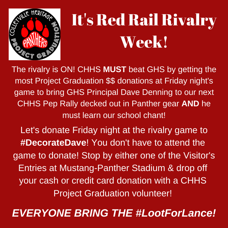 chhssenior2022's tweet photo. It's Red Rail Rivalry Week! Share with students, staff, parents, & friends! All donations go to Project Graduation. Let's #MashTheMustangs #DecorateDave #LootForLance #SaveDrG #CHHSPG2020 #chpantherpride #CHHSPanthers #PantherOn #GHSPG2020 https://t.co/XYElfnFzJ9