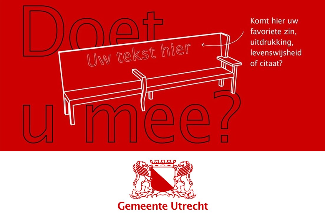 Kunstenaar Jozef Legrand adviseert <a href="/GemeenteUtrecht/">Gemeente Utrecht</a> bij herinrichting winkelcentrum <a href="/denieuwegaard/">De Nieuwe Gaard</a>. Jij kunt hierbij helpen! Geef via utrecht.nl/wonen-en-leven… een mooie zin, levenswijsheid of uitdrukking door. De 14 meest inspirerende zinnen worden in de nieuwe bankjes gefreesd.