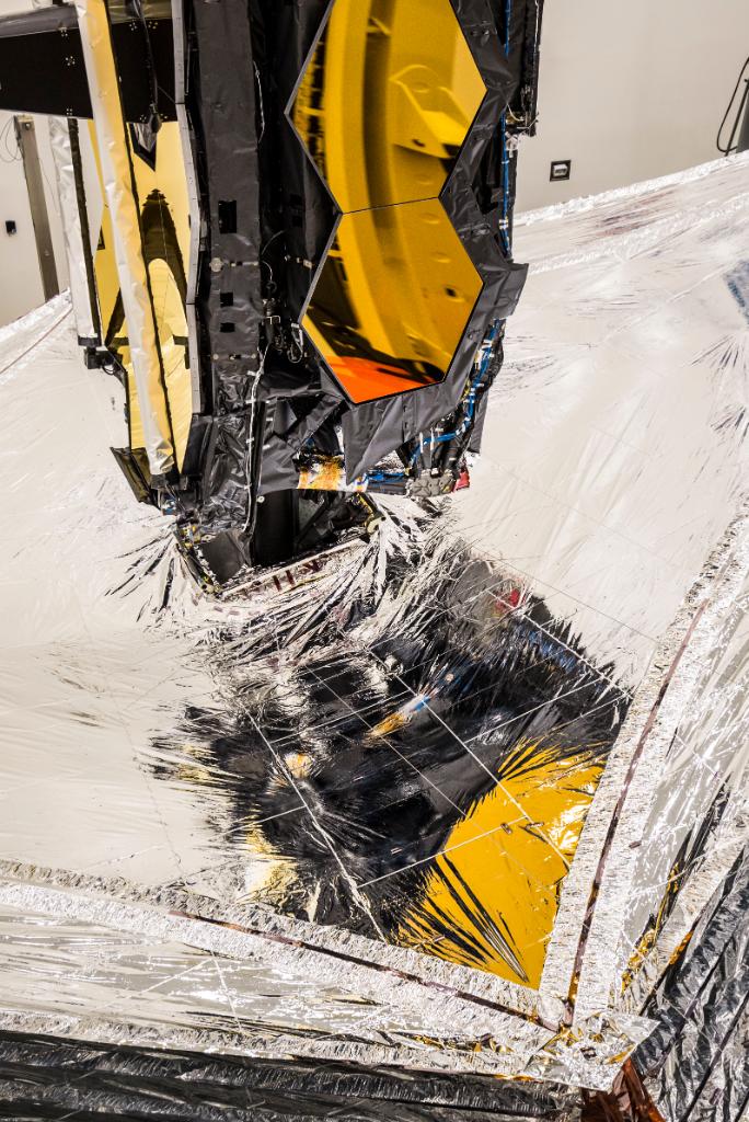 James Webb Space Telescope fully assembled, with all five layers of its Kapton sunshield deployed