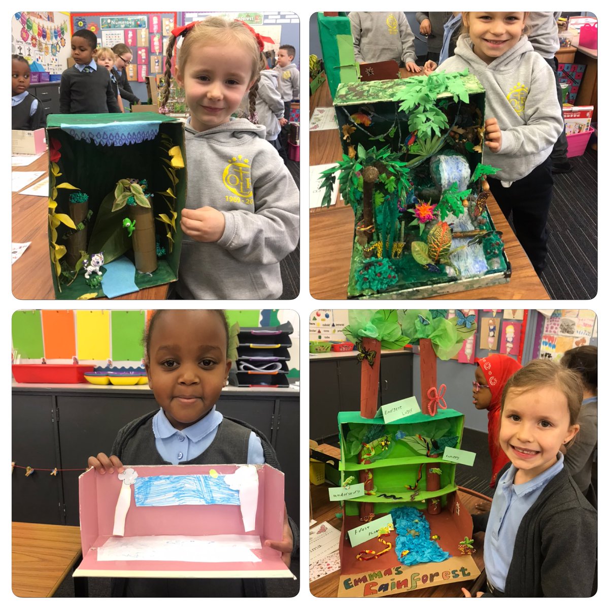 OLRprimary's tweet photo. Absolutely outstanding effort from P2a today!! Have a look at their fantastic rainforest dioramas! We had a great time showing them off to the other classes and explaining all our knowledge about the rainforest 😃🦋🐯🐸 #rainforest #diorama #homeworktask https://t.co/RTt2gl7G9p