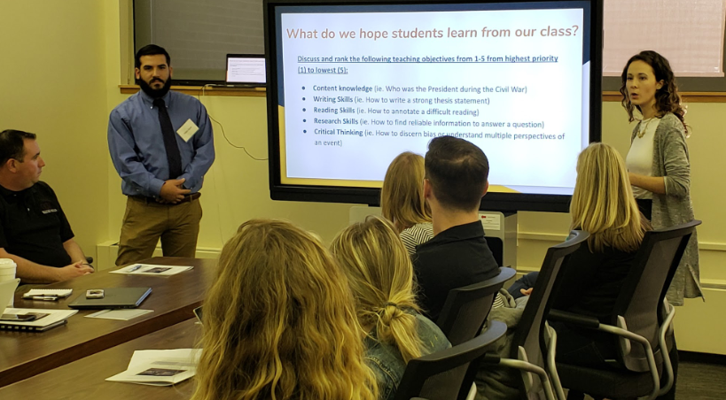 smaher's tweet photo. Chatham High School Teachers Adam Agree and Kirstyn Connors explaining how they teach & assess historical thinking skills through SHEG modeled assessments and research competitions at NJ Council for the Social Studies Annual Conference. #SDOCedchat #weareSDOC #sschat https://t.co/7oXx6usZ1w