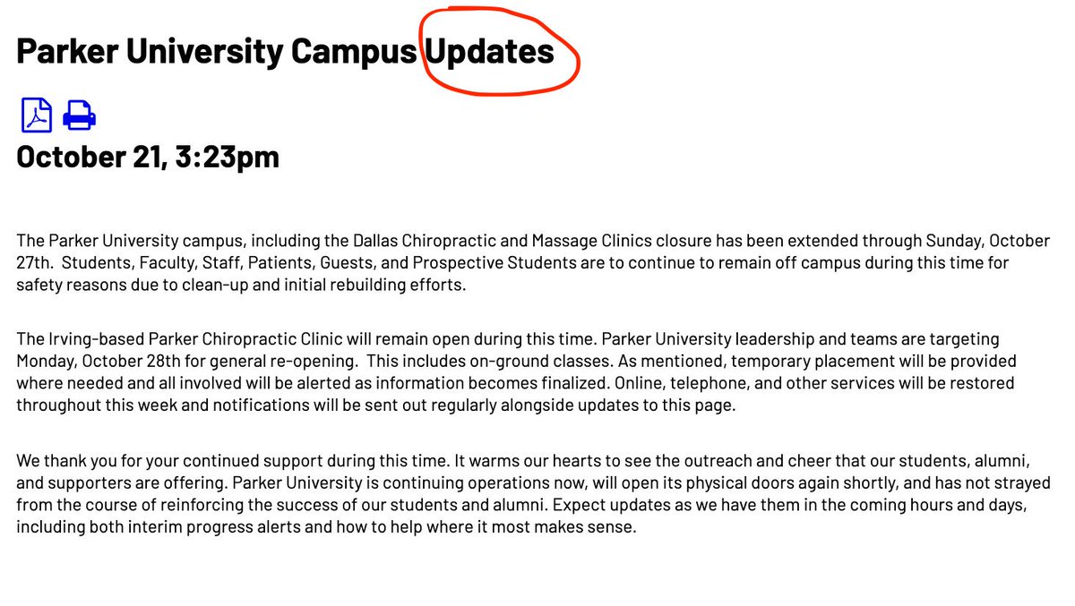 ParkerUniv's tweet photo. #ParkerUniversity leadership and teams are targeting Monday, October 28th for general re-opening, which will include on-ground classes. For updates please visit Paker University's website https://t.co/GreLVF6iIA
#lovingservice #parkerstrong #parkerproud #DallasTornado https://t.co/FuMGqMx6mx