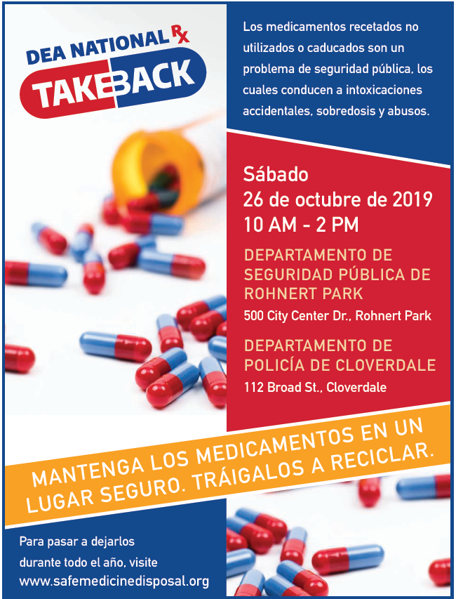 El sábado 26 de octubre es el día nacional de devolución de drogas de la DEA. Traiga sus medicamentos recetados no utilizados o vencidos en cualquiera de las dos ubicaciones en el Condado de 10 a.m. a 2 p.m.  Vea el volante para más detalles.