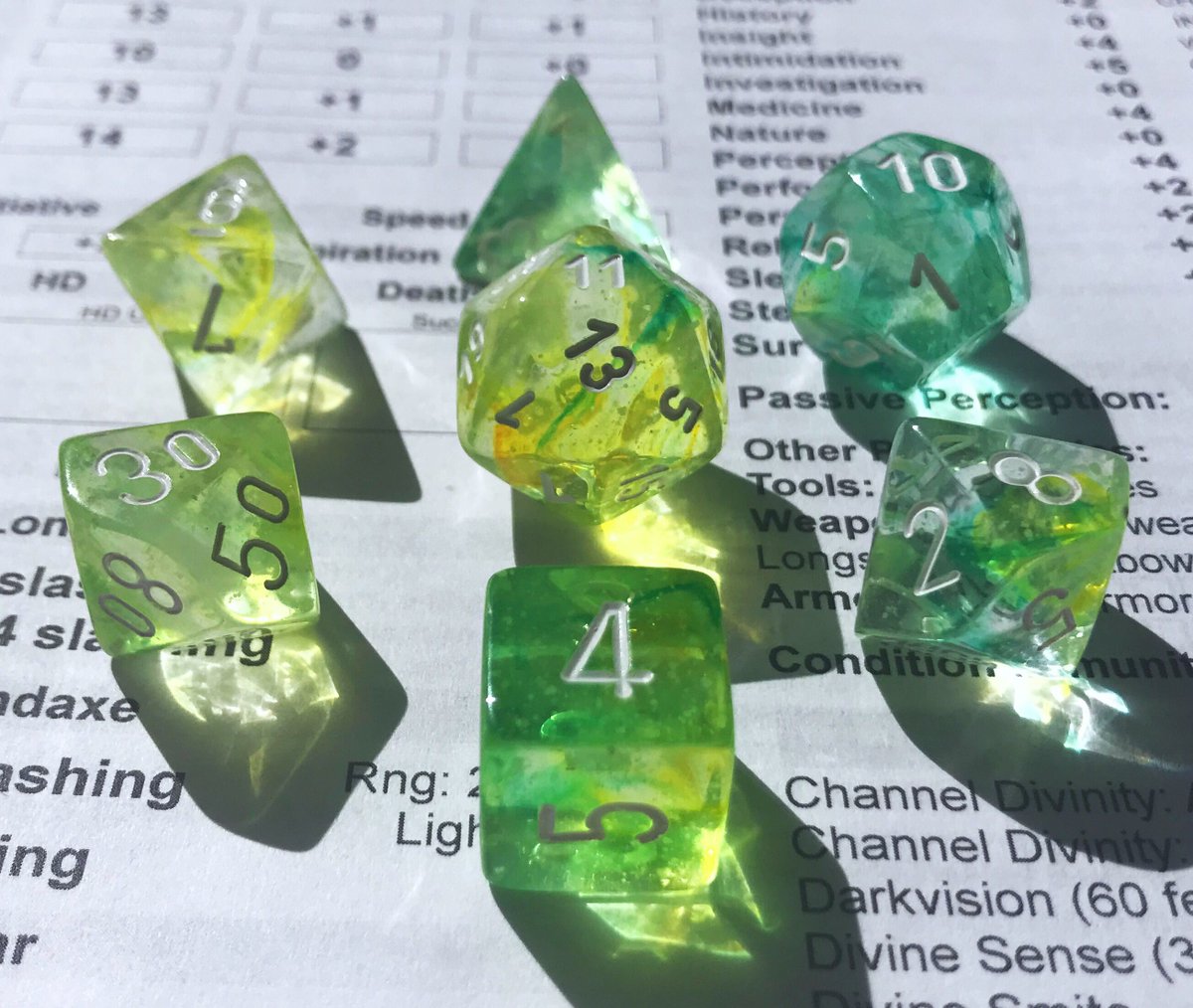 battleaxemage's tweet photo. Spring nebula! It’s interesting how much color variation there is in this set, the d12 and d8 look like they come from completely different colorways
#dice #d20 #dnd #dnd5e #ttrpg #dungeonsanddragons #dicecollection #dnddice  #battlecrazedaxemage #chessex #labset #springnebula https://t.co/CLBzVmlo2G