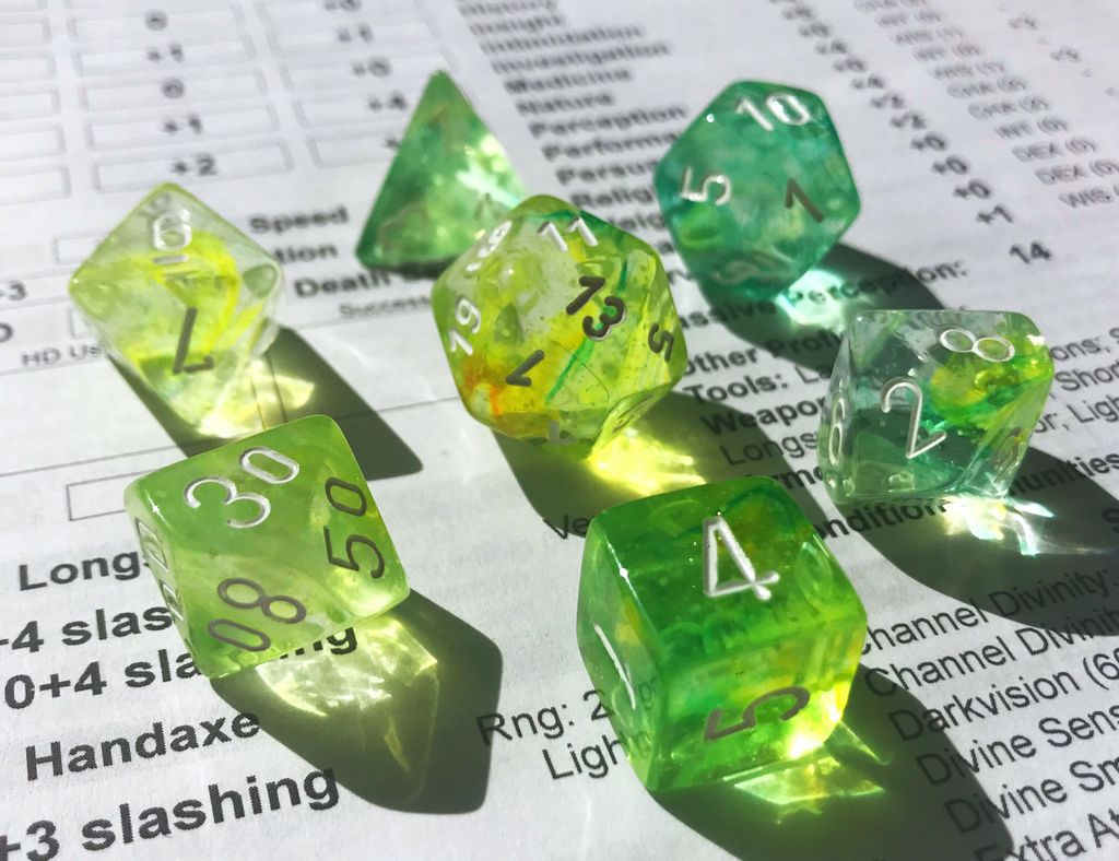 battleaxemage's tweet photo. Spring nebula! It’s interesting how much color variation there is in this set, the d12 and d8 look like they come from completely different colorways
#dice #d20 #dnd #dnd5e #ttrpg #dungeonsanddragons #dicecollection #dnddice  #battlecrazedaxemage #chessex #labset #springnebula https://t.co/CLBzVmlo2G