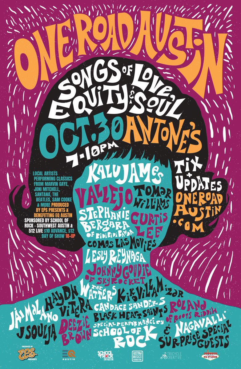 EQ Austin presents ONE ROAD AUSTIN @AntonesNightclb featuring tons of local artists coming together for cultural equity in Austin's creative sector. <a href="/Nagavalli/">Nagavalli</a>
<a href="/KVillamizrMusic/">Kiko Villamizar</a> and Tomar of <a href="/TomarandtheFCs/">Tomar and the FCs</a> are just a few! 10/30 7pm Info: oneroadaustin.com