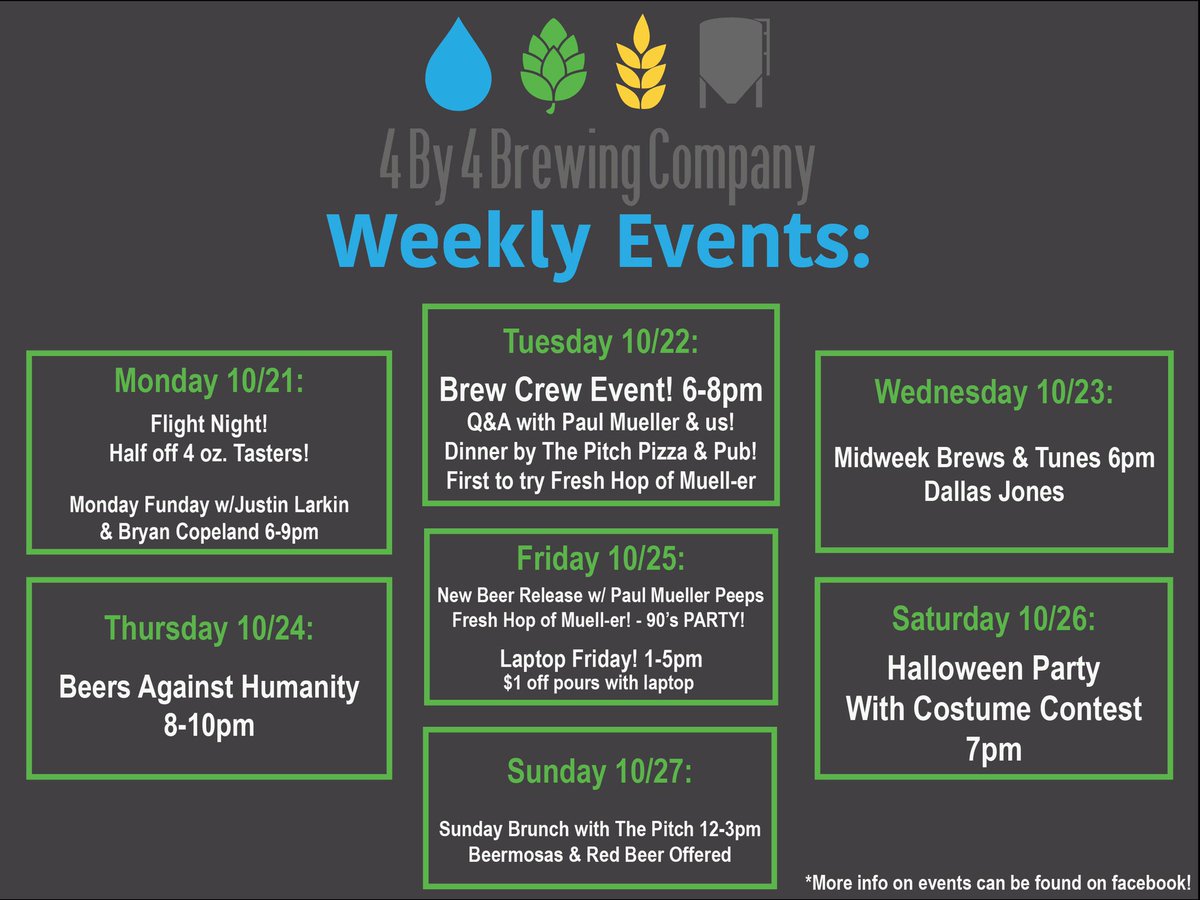 4by4Galloway's tweet photo. Weekly Events! - SO many events!

#weeklyevents #flightnight #mondayfunday #paulmueller #beersagainsthumanity #brewcrew #keepup #midweekbrewsandtune #newbeer #laptopfriday #beerbrunch #springfieldmoevents #breweryevents

When life’s a chore, grab a beer at 4 By 4! https://t.co/OTFDS1WN65