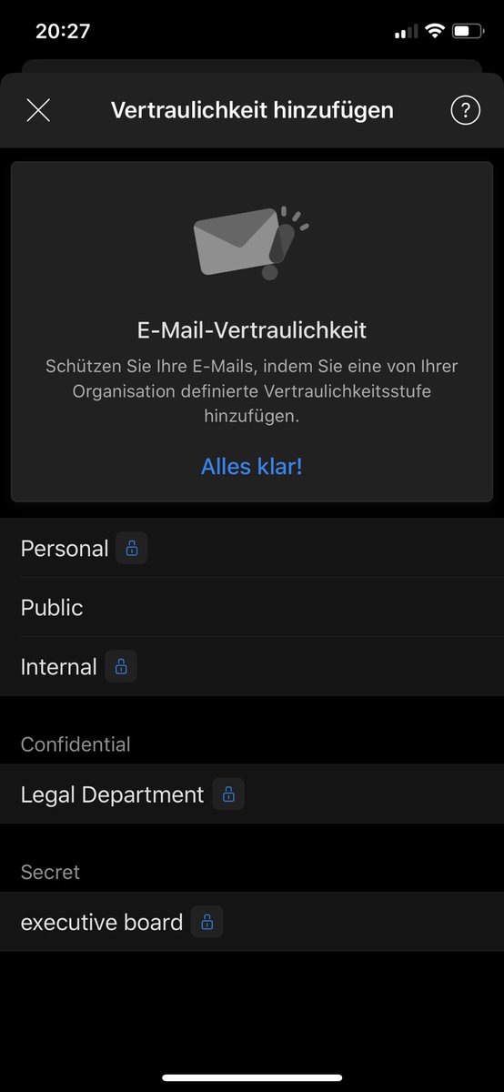Ra_Koellner's tweet image. We get #MicrosoftInformationProtection #AzureIP #Labeling #Classification
in Outlook 4.8.0 on #iOS

 @Outlook Thank you soo much!