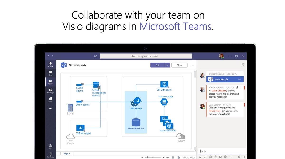 MicrosoftTeams's tweet photo. Create and share @MSVisio diagrams in #MicrosoftTeams where team members can make edits and provide feedback. https://t.co/wPsmp5TkaO https://t.co/4Q94xen0yc