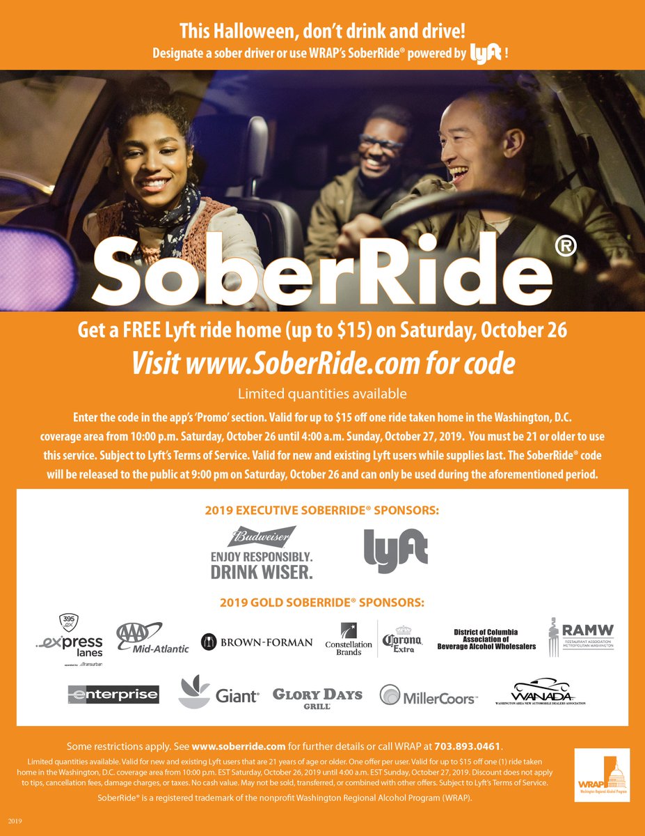 Nearly half (42%) of U.S. traffic deaths on Halloween involve drunk drivers (<a href="/NHTSAgov/">nhtsagov</a>). This Saturday (October 26th, 10 pm - 4 am), designate a sober driver or use WRAP’s #SoberRide! <a href="/lyft/">Lyft</a> 🎃 SoberRide.com
