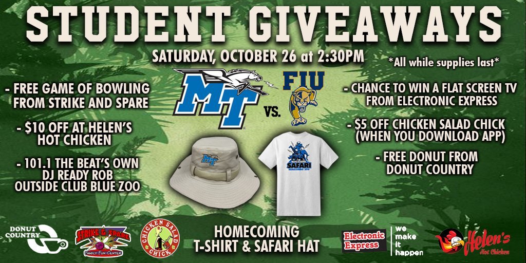MTAthletics's tweet photo. We have A LOT of giveaways for our students at this Saturday's Homecoming game vs FIU!

Get your tickets and come to the game to go home with some great new stuff!

🎟: https://t.co/VmCBUOgrLF

#BlueRaiders | #MT https://t.co/oDeYsjUcw2