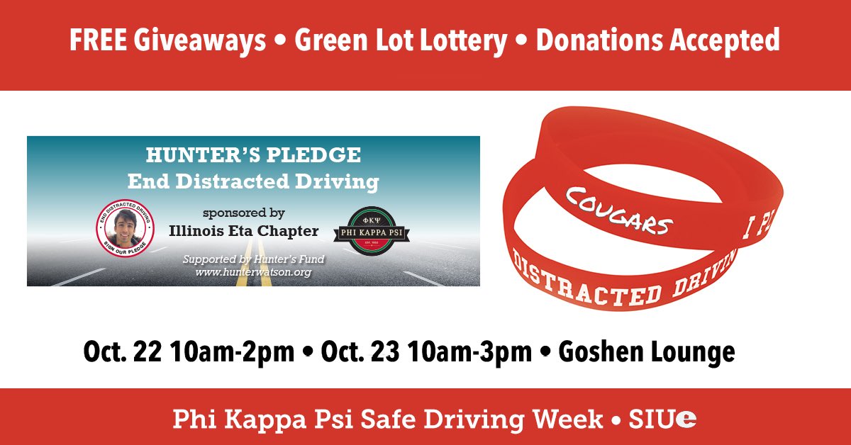 Want a green pass? Tomorrow we will be hosting our philanthropy event to end distracted driving. Come by our table in the goshen lounge on Tuesday from 10-2 or Wednesday from 10-3. If you sign to end distracted driving you will be entered in a chance to win a green pass!