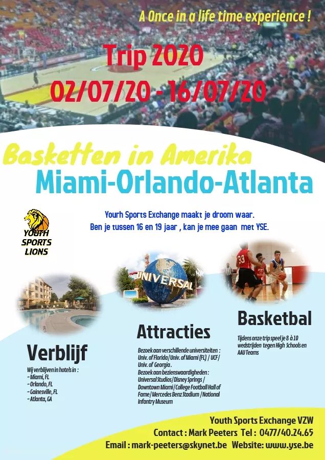 TRIP 2020 MIAMI-ORLANDO-ATLANTA
Momenteel zijn er nog verschillende plaatsen vrij in onze ploegen, daarom zoeken we nog enkele getalenteerde spelers om mee te gaan.
Heb je interesse om mee te gaan of wil je graag wat extra informatie? 
Stuur ons dan snel een DM voor meer info.