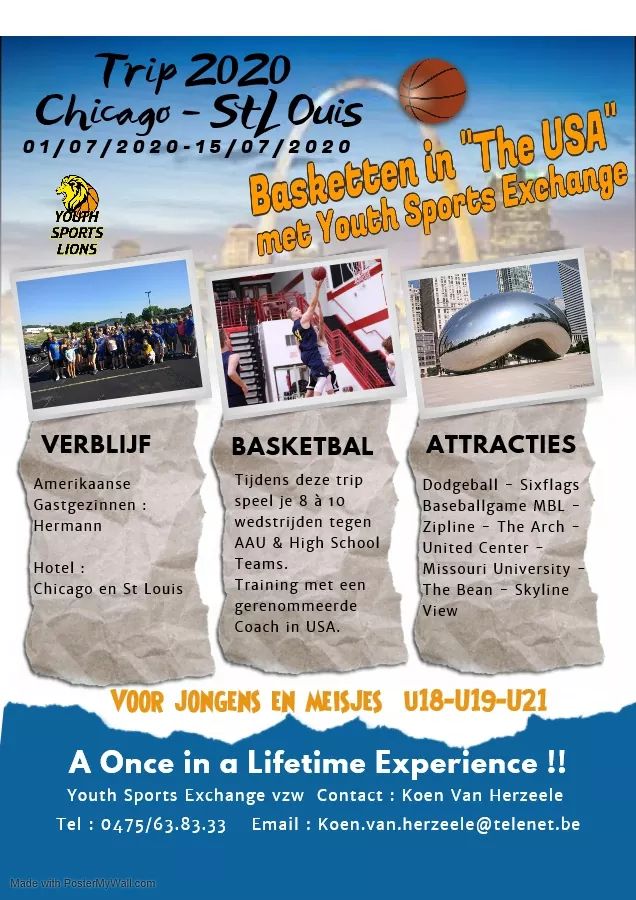 TRIP 2020 CHICAGO-ST LOUIS
Momenteel zijn er nog verschillende plaatsen vrij in onze ploegen, daarom zoeken we nog enkele getalenteerde spelers om mee te gaan.
Heb je eventueel interesse om mee te gaan of wil je extra informatie? 
Stuur ons dan snel een DM voor meer info.