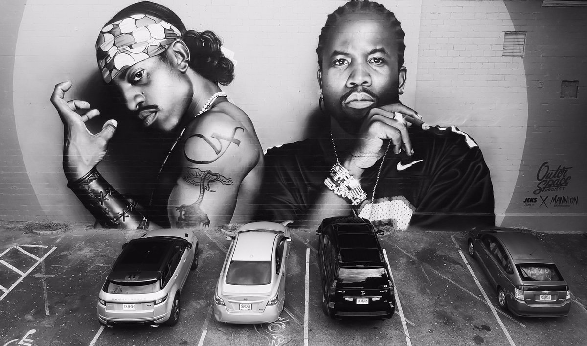 CityofAtlanta's tweet photo. Check out the new mural in Little 5 Points of Atlanta’s own @Outkast🔥
It was painted by muralist JEKS and inspired by a photo taken by iconic hip-hop photographer, @JonathanMannion. https://t.co/y7UBQraEjl