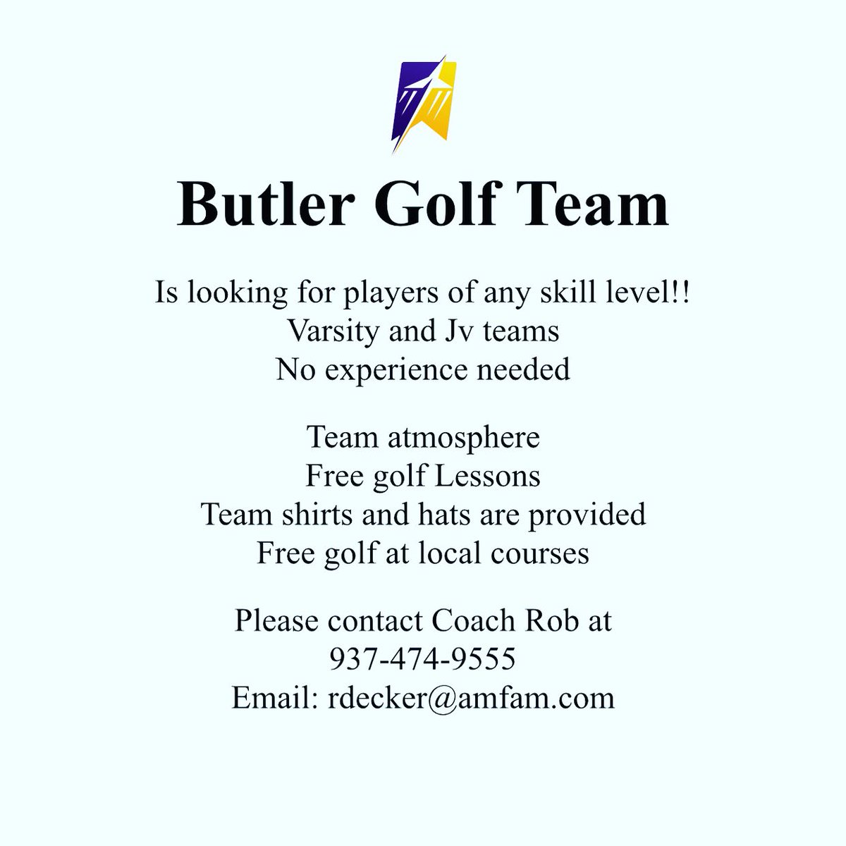 shaw_decker's tweet photo. Spread the word. 2020 golf season any butler students from 6th to 11th grade @VBaviatorAD @butleraviators @ButlerHSLuebbe @ButlerGirlsGolf @butler_golf https://t.co/VHcr7DOpcR