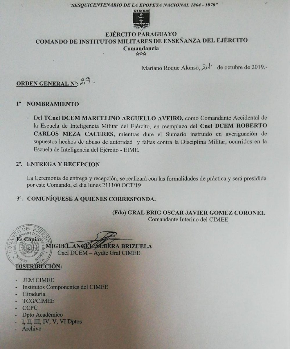 Francis970AM's tweet photo. Justicia Militar allana la Escuela de Inteligencia Militar del Ejército y destituyen al comandante coronel Roberto Carlos Meza. Según fuentes militares, se estaba gestando actos conspirativos contra el Presidente de la República @Universo970py https://t.co/VzFb6IamQa