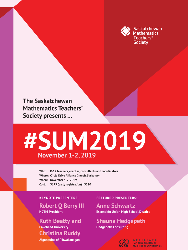 SMTSca's tweet photo. The SUM 2019 conference schedule is now available! Head to https://t.co/b46luZFTcH to view and to register.

#skmathchat #skedchat https://t.co/2S6JcXeyAT
