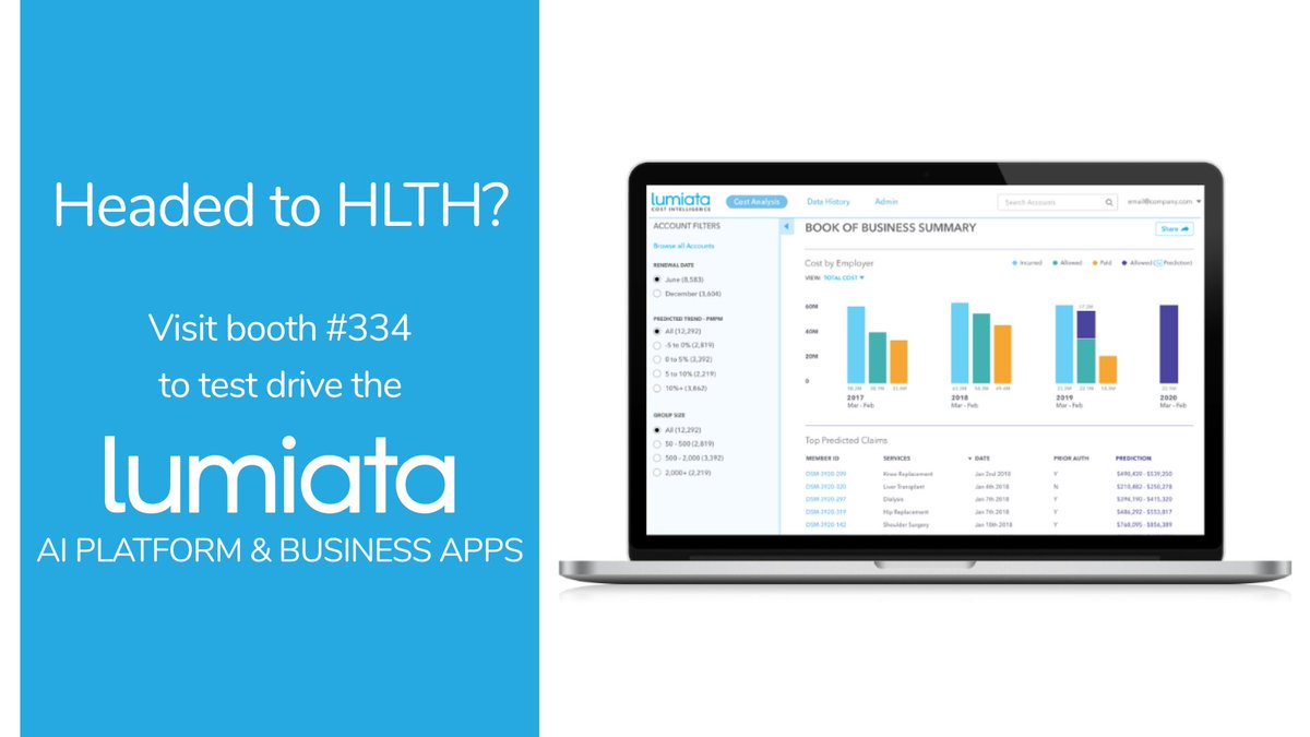 Lumiata's tweet photo. Looking forward to connecting at #HLTH2019! Come demo the Lumiata AI Platform & Business Apps at our booth #334. Meet members of our executive team and explore the future of healthcare with us. To schedule a meeting, visit https://t.co/eTjGjdHhHg https://t.co/RtxX11U2cl