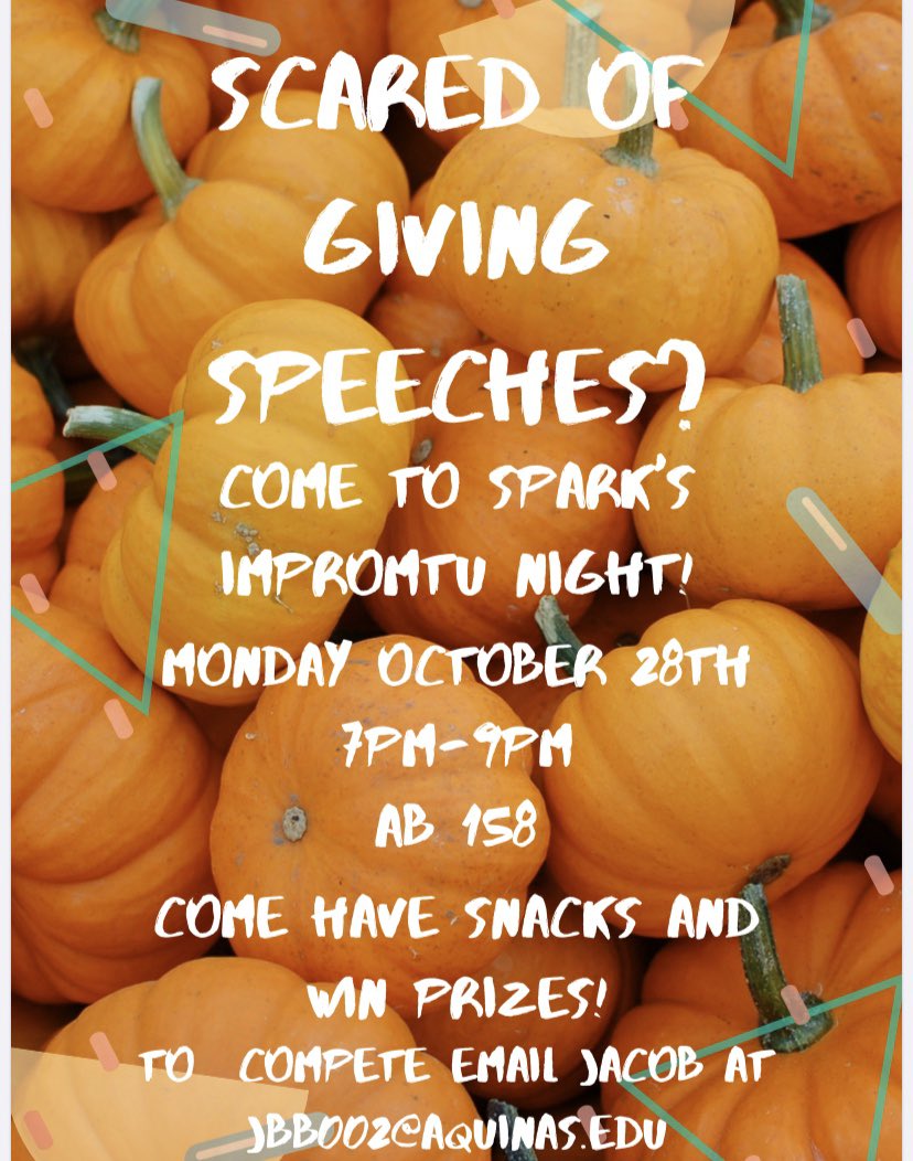 aqspark's tweet photo. It’s Spooky Szn, folks! Come join your favorite communicators, on October 28th, for our impromptu speech night! 
All speech topics will Halloween themed and will give you the opportunity to truly show your spooky spirit 👻 There will be snacks, laughs, prizes &amp; lots of fun!!! 🎃 https://t.co/TID8xHrdRO