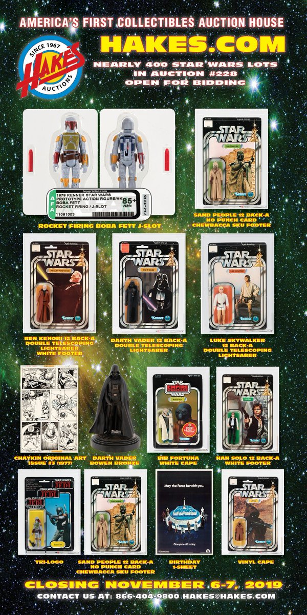 HakesAuctions's tweet photo. @HakesAuctions' new sale is now online, with nearly 400 lots of #vintage @starwars #collectibles. You don't want to miss this one #StarWarsFans!
#StarWars #RocketFiringBobaFett #BobaFett #JSlot #ObiWanKenobi #DarthVader #LukeSkywalker #VinylCapeJawa #AFA #StarWarsCollectors https://t.co/i34qafMbrT