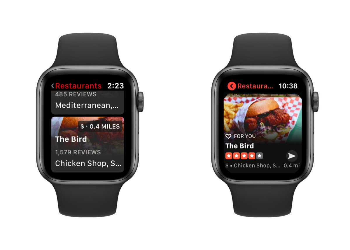 YelpEngineering's tweet image. When @apple unveiled #SwiftUI at this year’s WWDC, we took it as an opportunity to redesign the Yelp app for Apple Watch. You will now notice a strong emphasis on the thumbnail image and a compass to provide direction and distance. Read more here: bit.ly/2W2cV7p