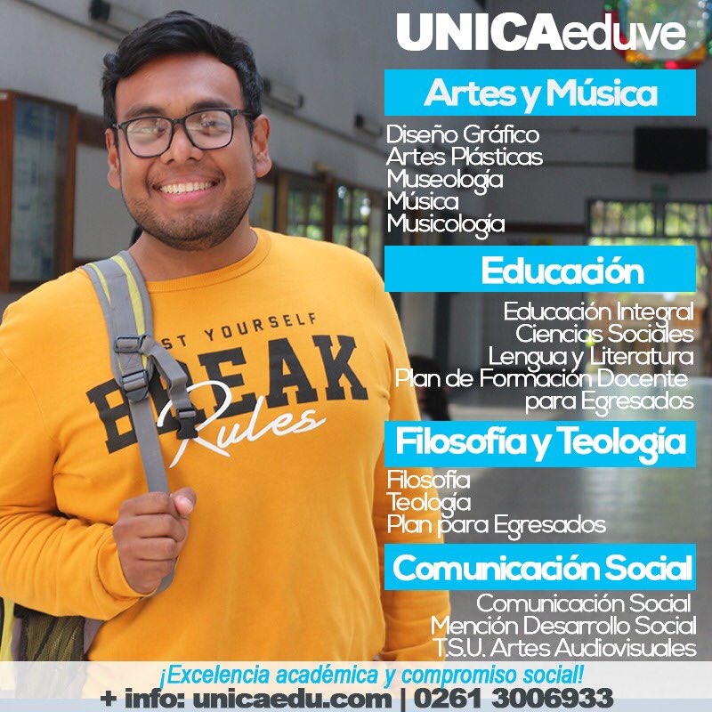UNICAeduve's tweet photo. Tenemos carreras de #PregradoUNICA a un clic de distancia.
- Comunicación Social 🎙📸🎥
- Filosofía 🤓
- Teología 🙏🏼
- Museología 🖼
- Educación 👩🏻🏫
¡Pregúntanos cómo!
I N S C R I P C I O N E S
A B I E R T A S
Más info: vía mensaje directo. https://t.co/eI97P12n8h