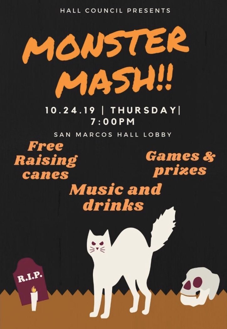 SanMarcosHall's tweet photo. This Thursday Hall Council is holding a social! There will be games, prizes and free food!! https://t.co/xu5rCQvBV0