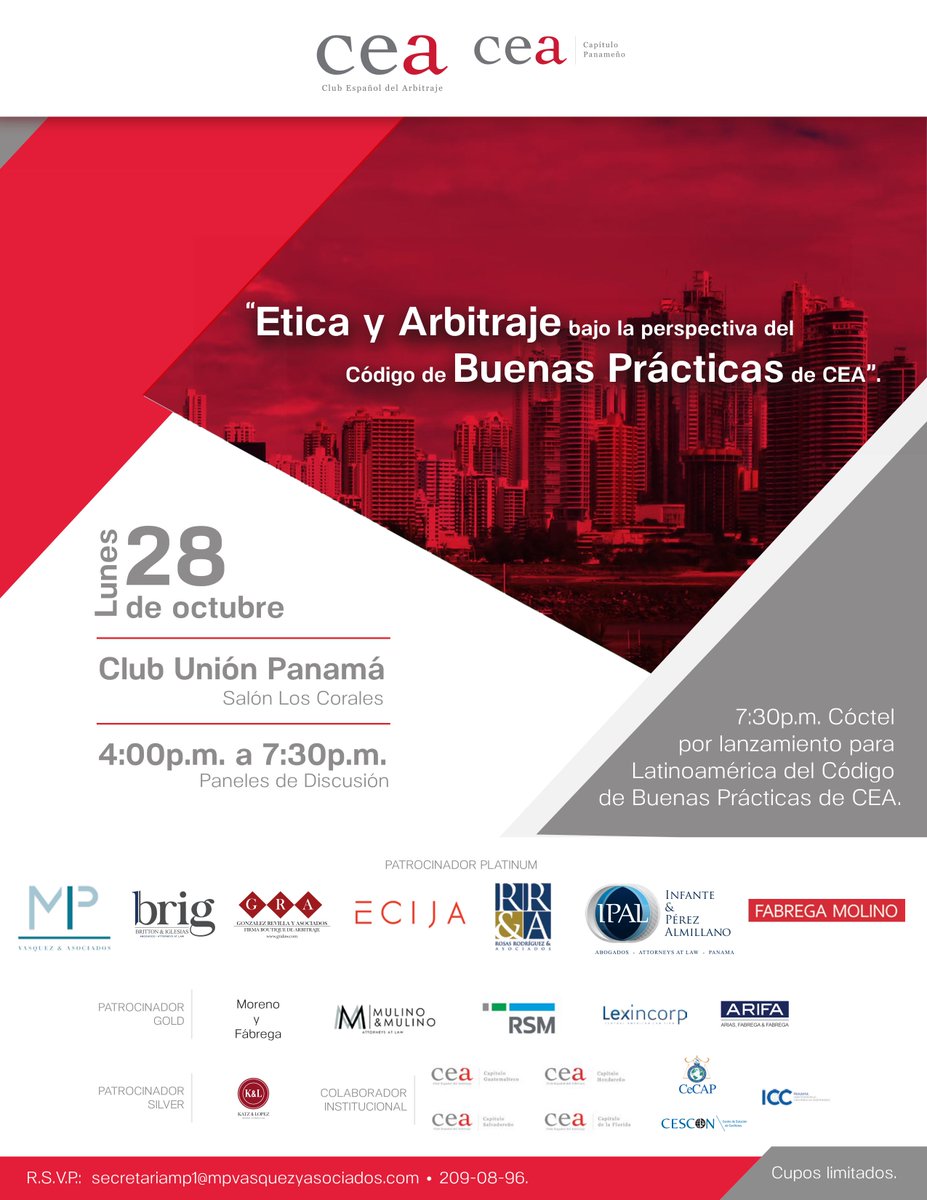 CeCAParbitraje's tweet photo. “Ética y Arbitraje Bajo la Perspectiva del Código de Buenas Prácticas de CEA”

📅 28 de octubre 2019
📍   Salón Los Corales del Club Unión
🕓 4:00 p.m. – 7:00 p.m.

Solicite mayor información al correo electrónico: secretariamp1@mpvasquezyasociados.com o al teléfono: 209-0896 https://t.co/2MQznmtwB7