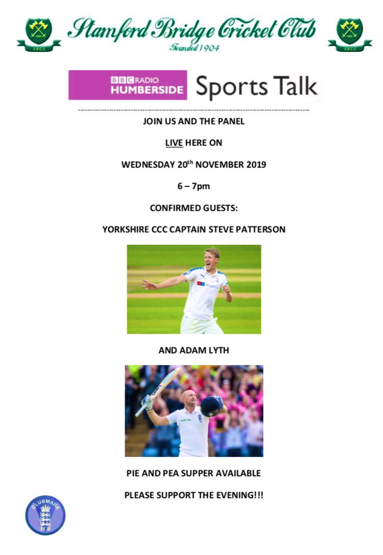 stamfordbridgec's tweet photo. A great evening for cricket lovers in York/East Yorkshire as ex-SBCC &amp; current @YorkshireCCC skipper Steve Patterson returns to Low Catton Road along with @lythy09 and @RadioHumberside 🙅🏻‍♂️🎤🏏 https://t.co/mLXHrqn4QX