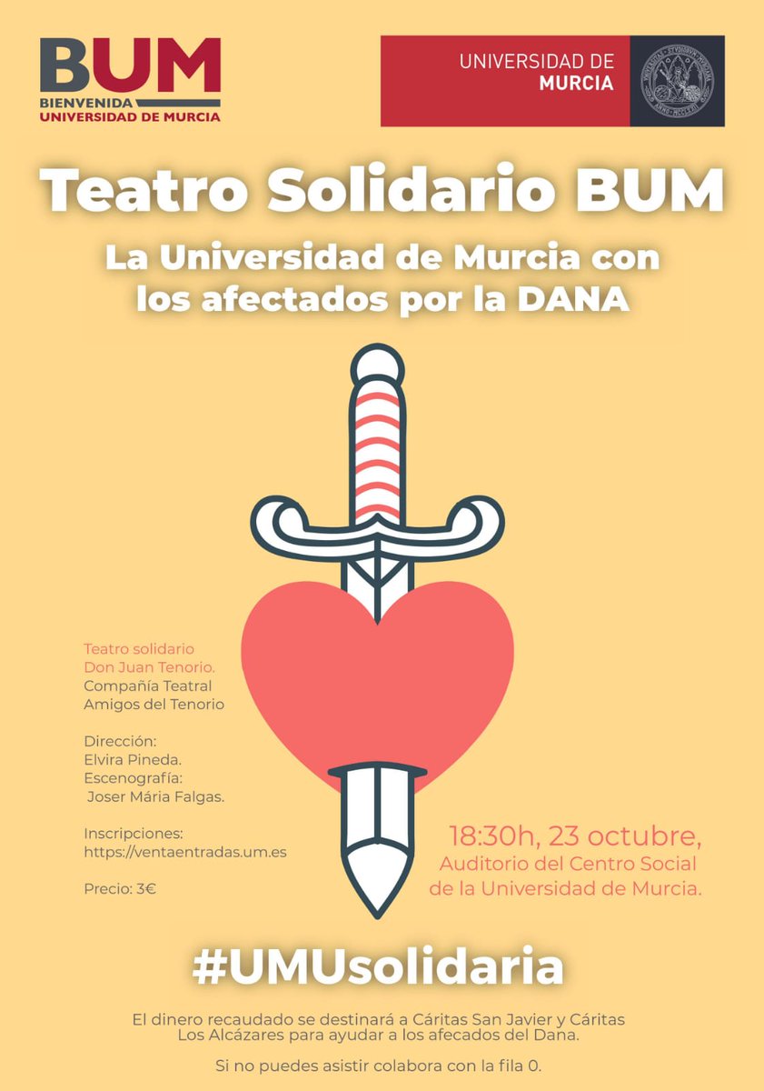 Teatro solidario en el <a href="/CentroSocialUMU/">Centro Social UMU</a> ❤️

Entrada solo 3 euros para ver el clásico y grandioso #DonJuanTenorio y además, aportar un granito de arena para todas las personas afectadas por la DANA 🙏

#UMUsolidaria
#BUMsolidaria
