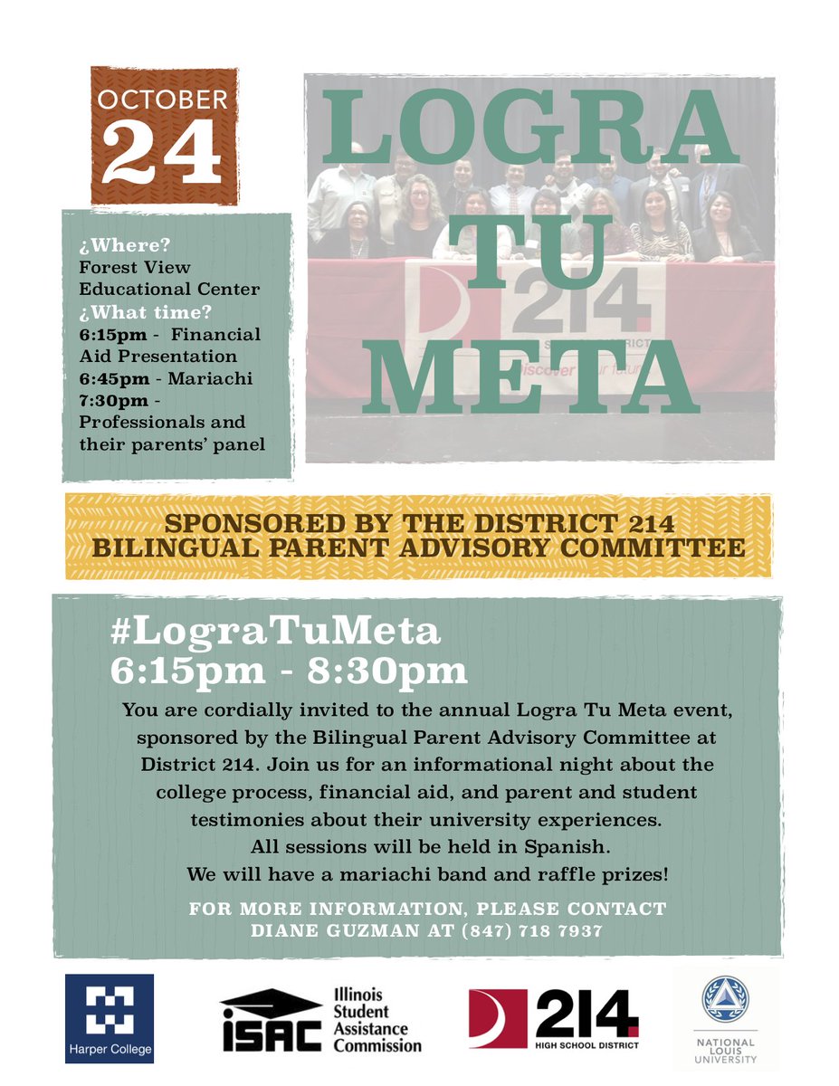 dmaya_1's tweet photo. Gatos @WheelingHigh, ¡no olviden que este jueves es #LograTuMeta en el @District214! Ven a aprender sobre oportunidades post-secundarias, ayuda financiera y más @SenoritaArreola @ElMrFuentes @RojasWHSAVID @WheelingHS_AVID @jercook73 @castrorebe @SraZapata2 @WeidnerDan #VamosGatos https://t.co/mXhfuK0LHW