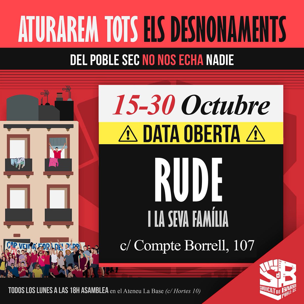 sindicatdebarri's tweet photo. @CDBPobleSec @HabitatgeSants @FemSantAntoni @RavalSindicat @bandarres @resistimalgotic @HabitatgeGracia @HabitatgeVKK @HabitatgeSTA @obrasocialbcn També enfrontem un desnonament amb data oberta‼️
🔴ALERTA DESNONAMENT EN DATA OBERTA🔴
Rude i la seva familia
⏰15 al 30 d'octubre
📌Compte Borrell, 107
#LaForçaDeLaGent també és impedir que expulsin de casa les nostres veïnes
#AlertaDataOberta #ProuDataOberta #NoEnsFaranFora https://t.co/foJvUkvR5O