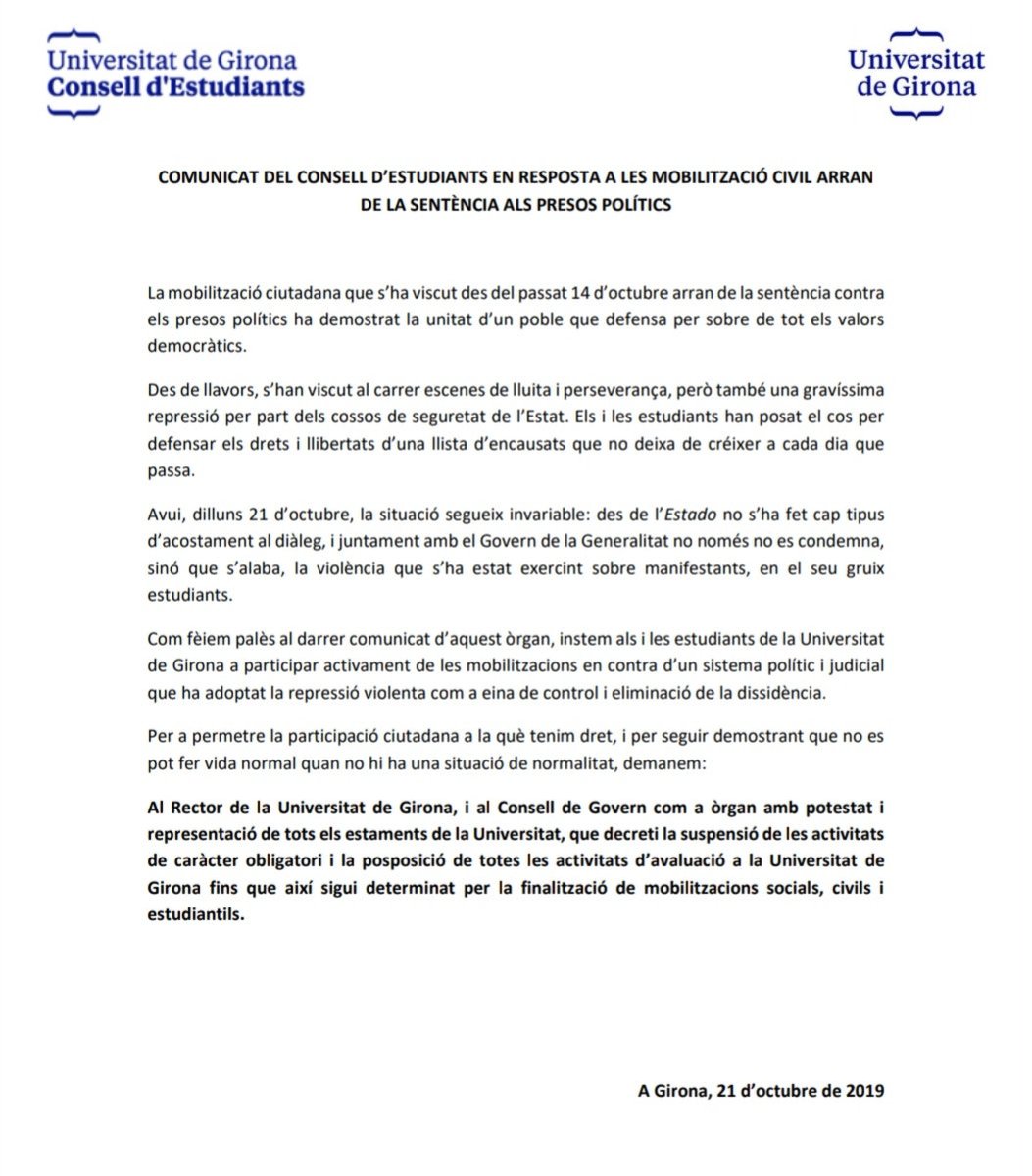 📣COMUNICAT: En motiu de les mobilitzacions estudiantils que reclamen la conciliació de les activitats acadèmiques amb la mobilització social, civil i estudiantil, <a href="/estudiantsudg/">Consell Estudiants UdG</a> emetem els següent comunicat. #UdGentXLlibertat #SpainSitAndTalk