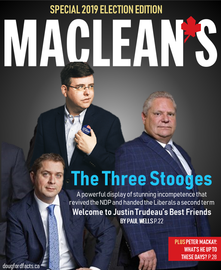 Here's an advance copy of tomorrow's Maclean's cover. What a difference a year makes! 
<a href="/AndrewScheer/">Andrew Scheer</a> <a href="/fordnation/">Doug Ford</a> #hamishmarshall #TheResistance #Election2019 #canpoli #ElectionDay