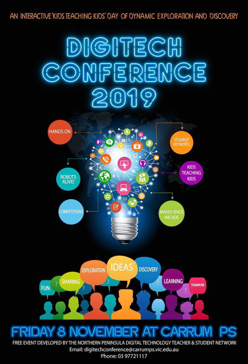 digitechcon's tweet photo. #Digitech2019 is up & about on 8 November at @carrumps Featuring a huge range of Digitech workshops run by students in our network. Plus student keynotes & teacher PD. It's Free to attend! Info at https://t.co/pqjquRpzTl
@DETVic @DLTVictoria @DigiTechHub @digilearnvic https://t.co/7lfXkHrbmO