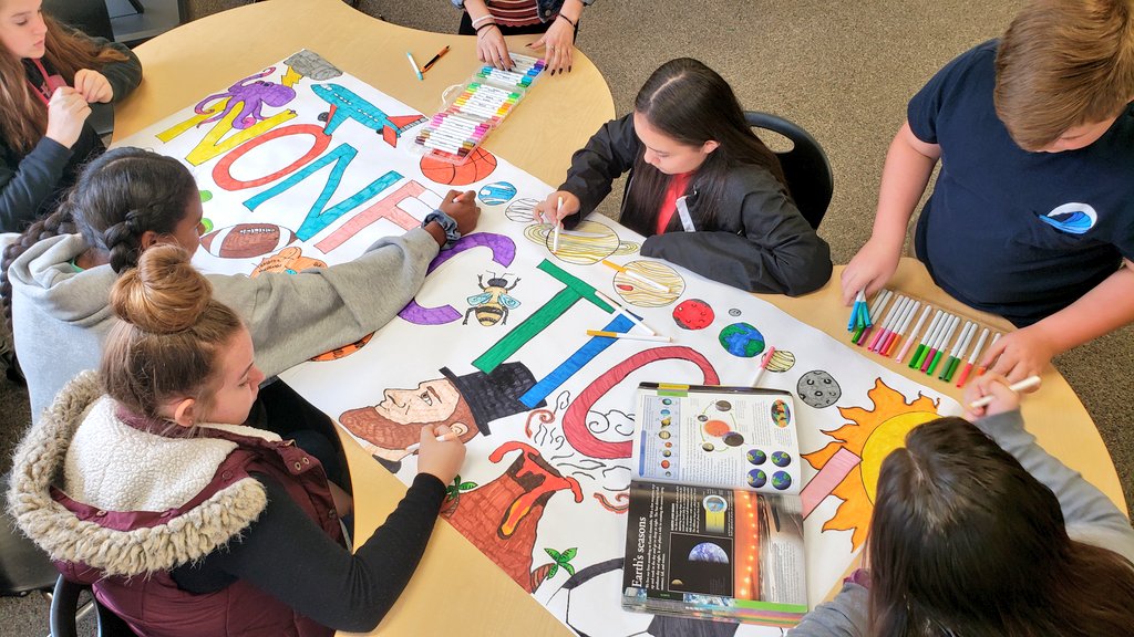 librarianliana's tweet photo. New signage in the media center courtesy of these lovely, young artists! Love the use of the planet book to ensure color accuracy.
π¨πβ€
#onewhitfield @WCS_Media @glma @vpmiddle #readingwaves https://t.co/fBMwvH0wLb