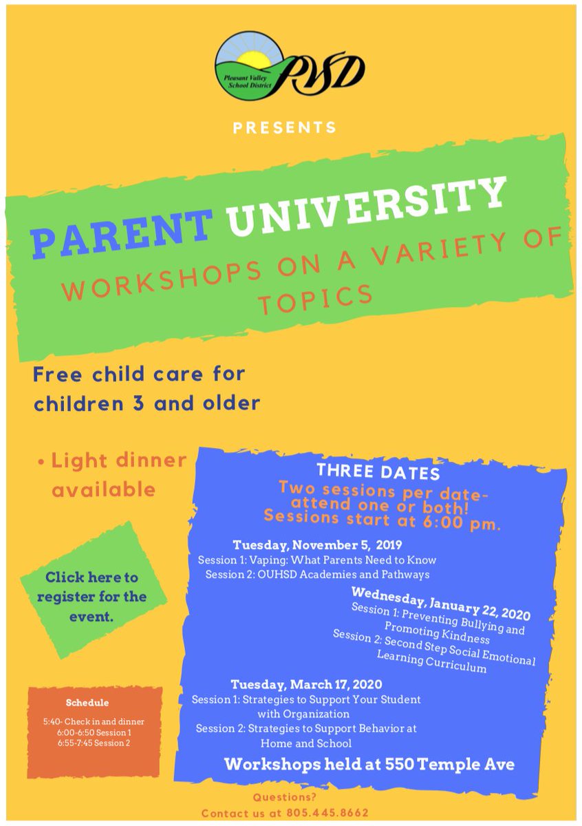 PVSD is excited to launch our Parent University! This series of workshops will provide families with information on a variety of topics: bit.ly/31rvV00 

Registration closes November 1! 

#PVSD #PVproud #Camarillo