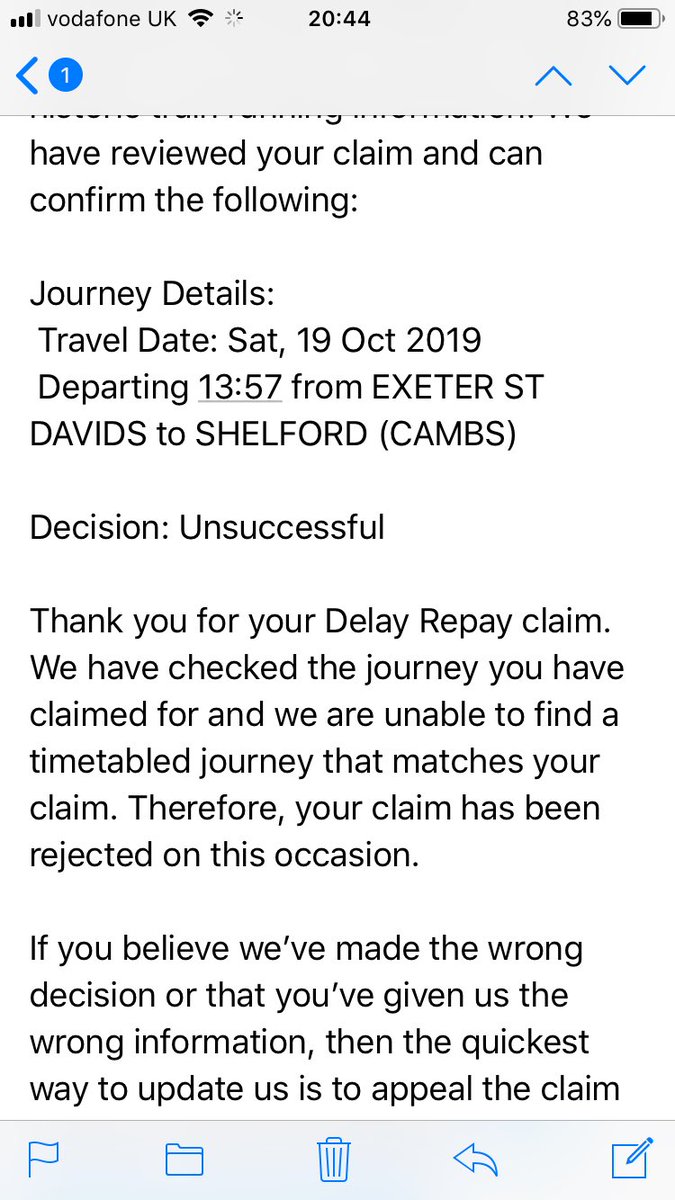 Why <a href="/GWRHelp/">GWR</a> this bizarre reply from Delay Repay? Saturday’s 13.57 Exeter to Paddington was severely delayed AND then terminated in Reading. I missed the connecting service to Shelford. Your online appeal system is broken. Shocking service all round.