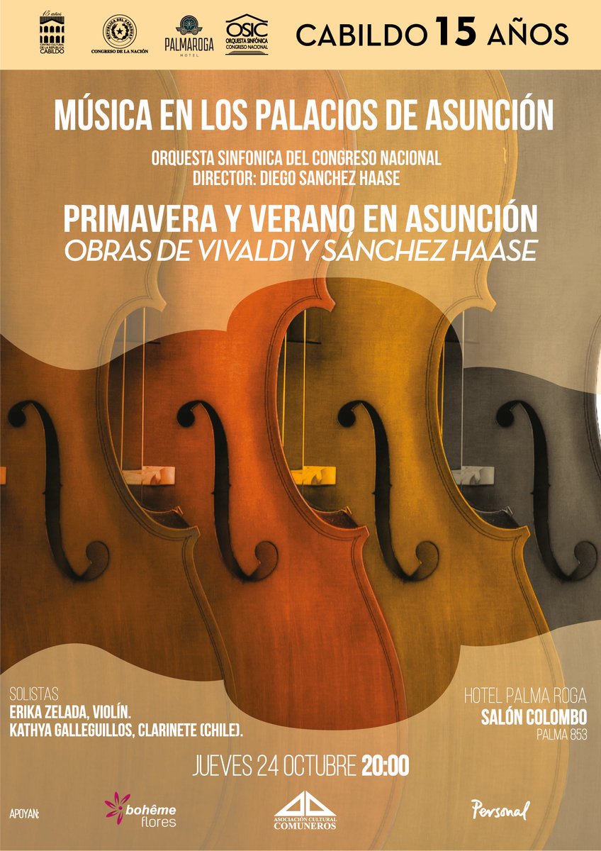 dshaase's tweet photo. "Música en los palacios de Asunción", de la OSIC, este jueves 24 de octubre, 20:00 hs., Hotel Palmaroga. En programa: "La primavera" y "El verano", de Vivaldi, y mi "Concierto para clarinete y orquesta". Solistas: Erika Zelada y Kathya Galleguillos. Acceso gratuíto!. Imperdible! https://t.co/y0u4eNG9eT