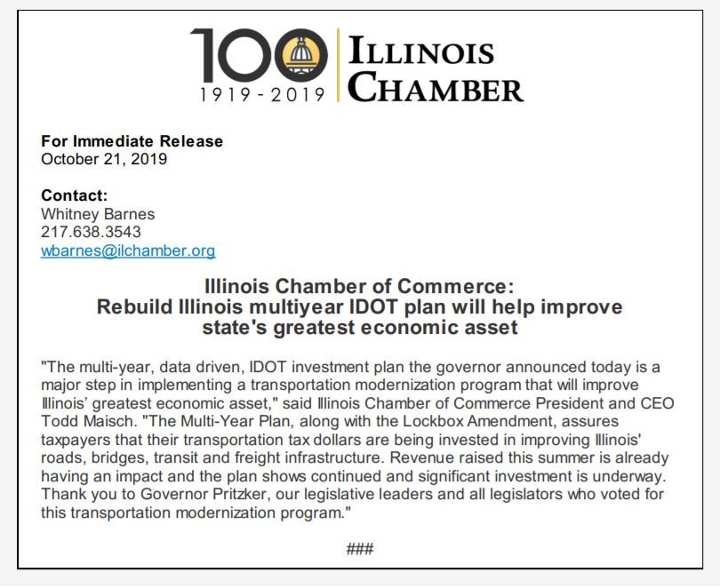 Illinois Chamber President and CEO Todd Maisch thanked <a href="/GovPritzker/">Governor JB Pritzker</a> , legislative leaders and all legislators who voted for #RebuildIllinois following this afternoon's release of #IDOT's Multi-Year Plan.