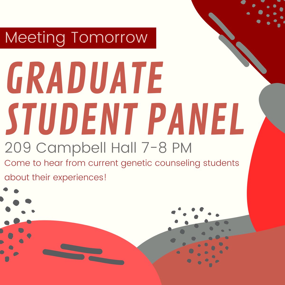 Reminder that we will be having a meeting tomorrow, October 22nd at 7-8 PM in room 209 of Campbell Hall! 
Come out to hear from current genetic counseling graduate students about their experiences!See you all there!🧬