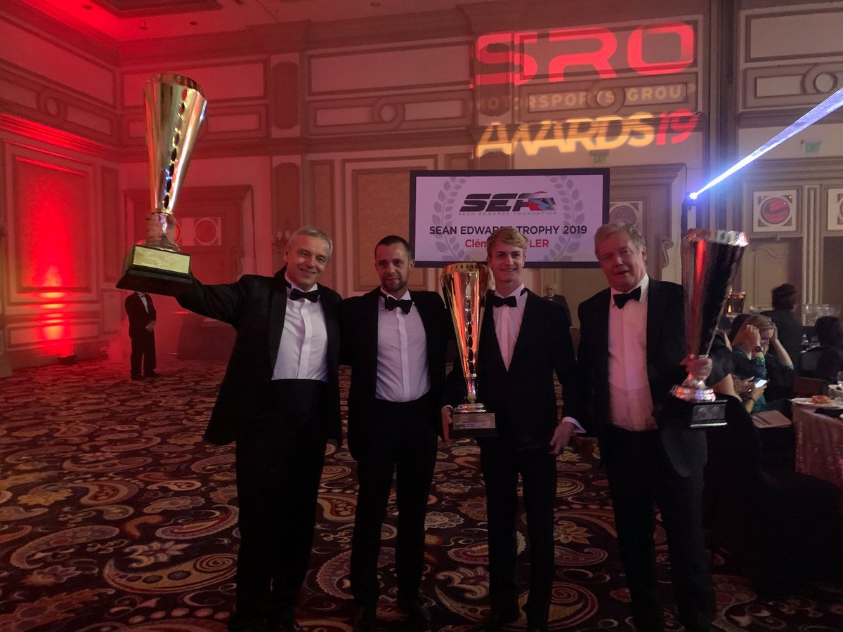 SeanEdwardsF's tweet photo. #GT racing's brightest talents descended on Las Vegas last night for this years #SRO Awards. The Sean Edwards Trophy was awarded to #ClémentSeyler "Tibus" which includes 20 Pirelli tyres for next season! #SEF #GT4 #GT3 #Motorsports #NewsPicks https://t.co/oXA69LYyKv