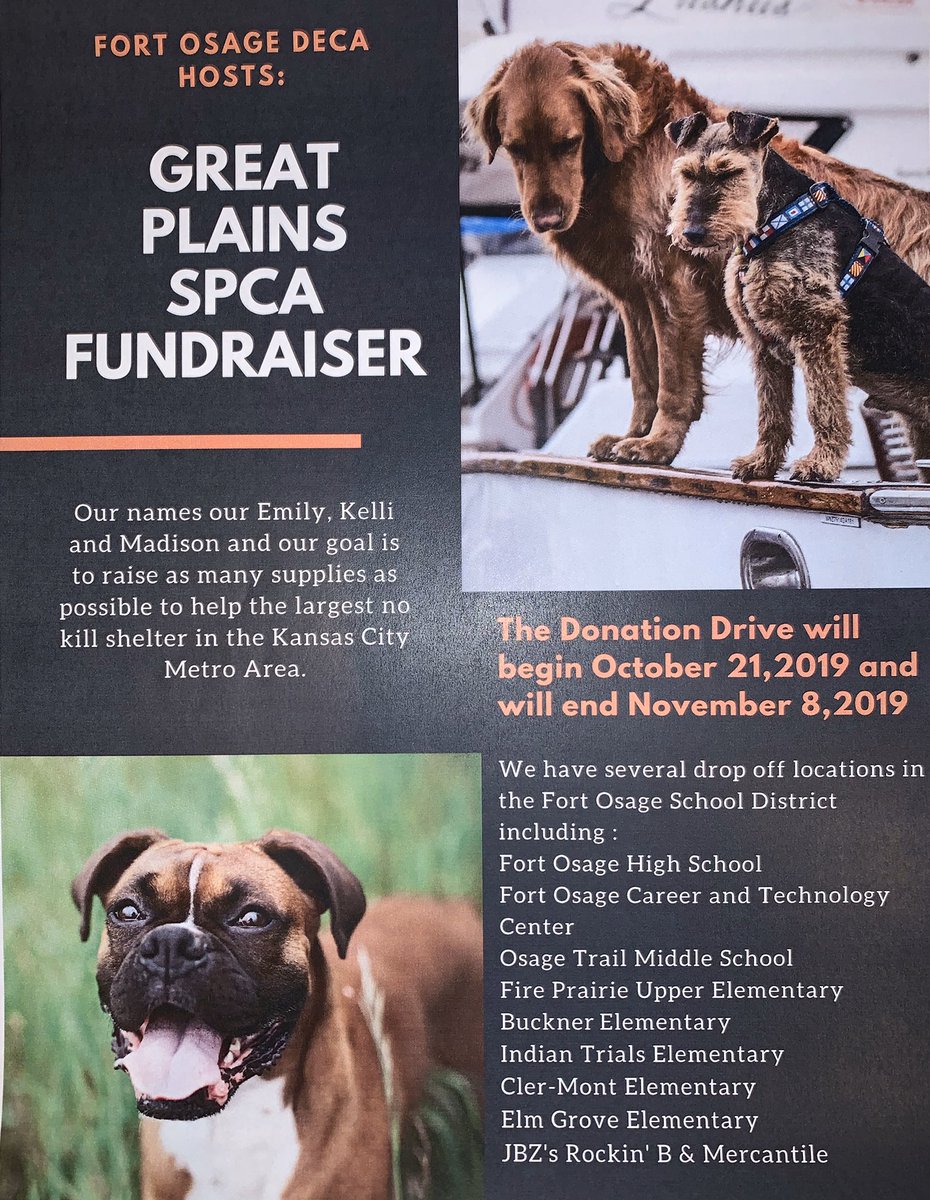RockinBMerc's tweet photo. Our DECA students are collecting item for the Great Plains SPCA to help care for the animals at the areas largest no-kill shelter. Bring your donations to the Rockin’ B and we will give you 10% off your food and drink order! #rockinbmercantile #greatplainsspca #fortosagedeca https://t.co/gSHRFTwpnD